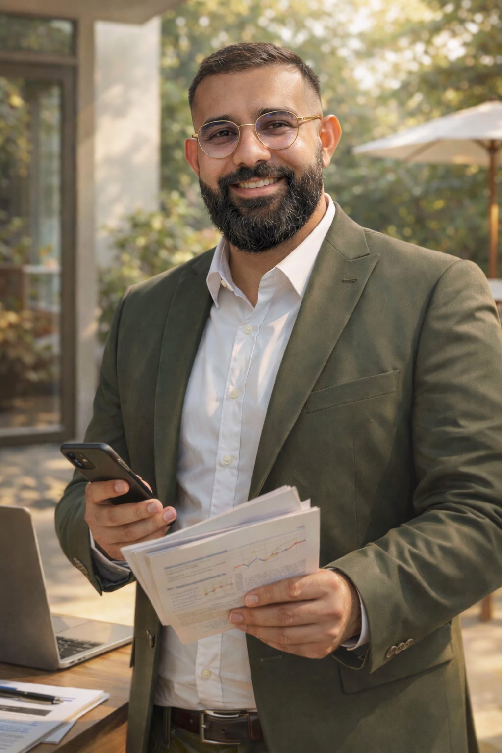 Gökan Akan mit Unterlagen und Smartphone